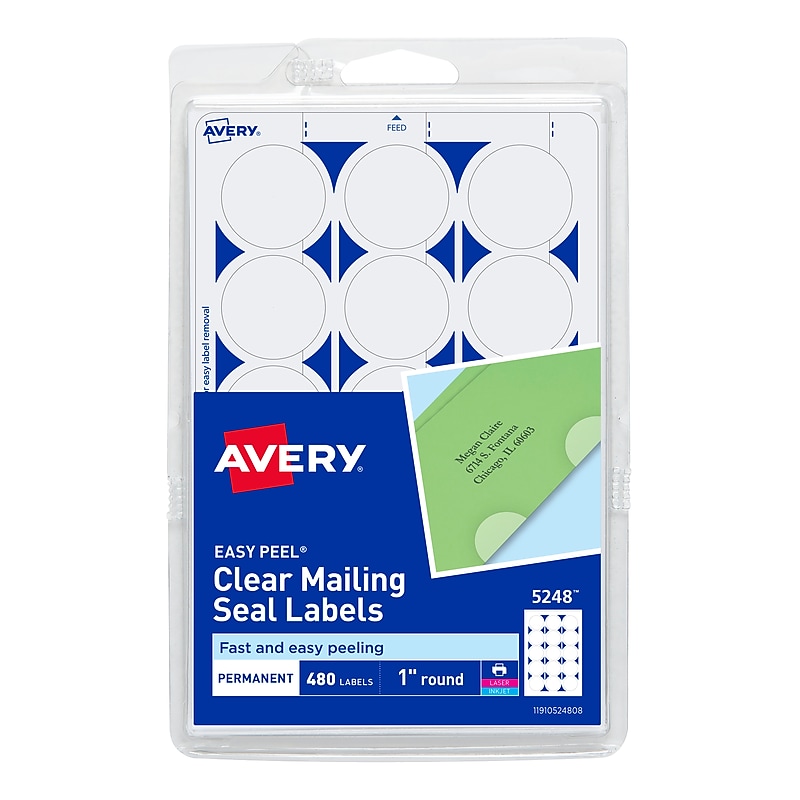 Avery Laser/Inkjet Mailing Seals, 1" Dia, Glossy Clear, 480 Seals/Pack (5248) image 1