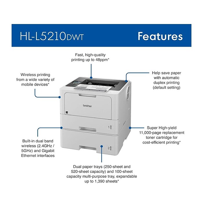 Brother HL-L5210DWT Monochrome Laser Printer with Dual Trays