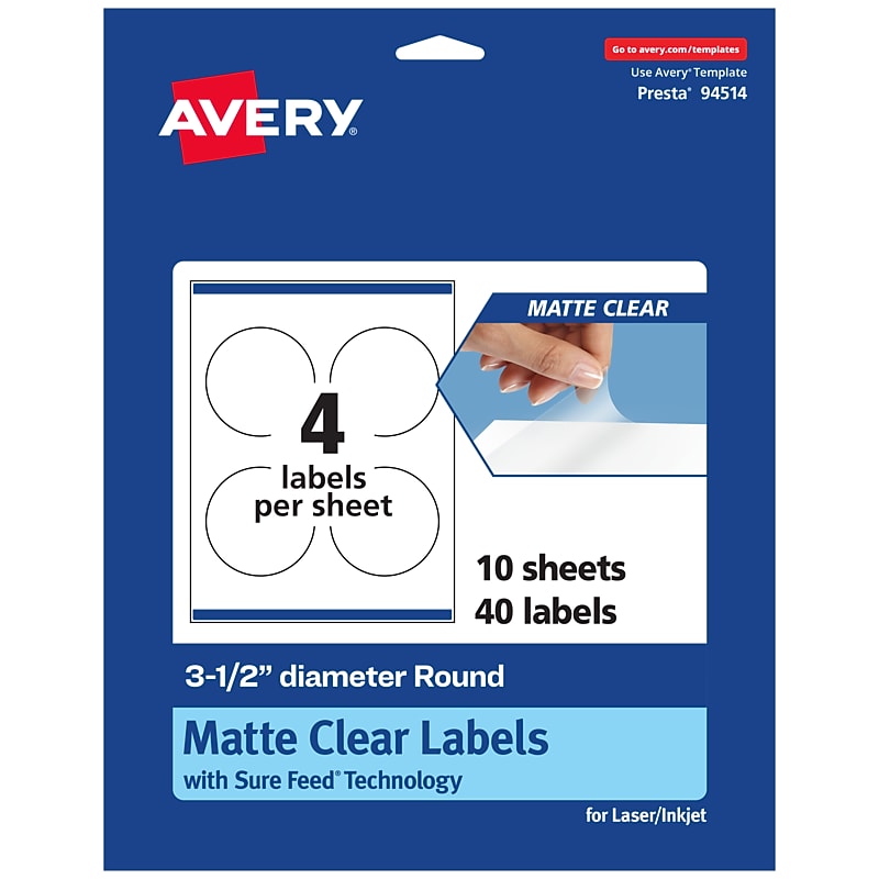 Avery Laser/Inkjet Circle Multipurpose Labels, 3-1/2" Dia., Clear, 40/Pack (94514) image 1