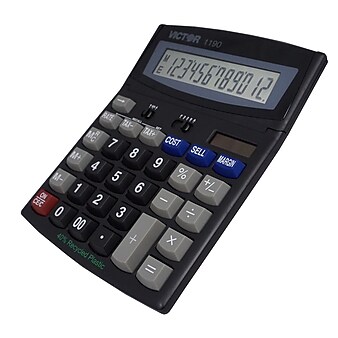 Victor Technology 12-Digit Battery/Solar Powered Basic Calculator, Black (1190)