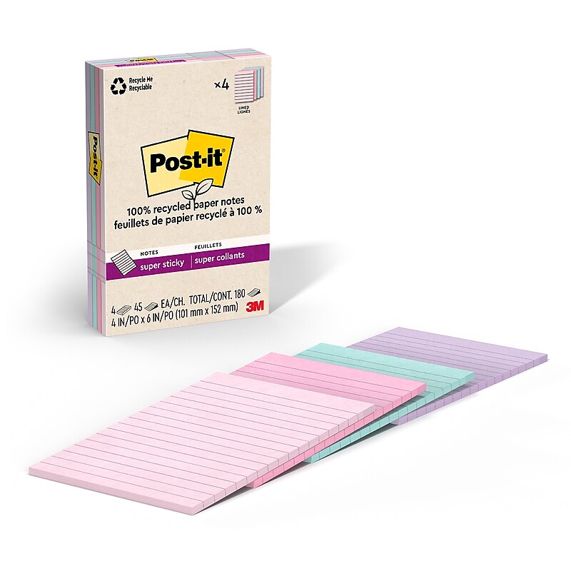 Post-it Recycled Super Sticky Notes, 4" x 6", Wanderlust Pastels Collection, 45 Sheets/Pad, 4 Pads/Pack (4621R-4SSNRP) image 1