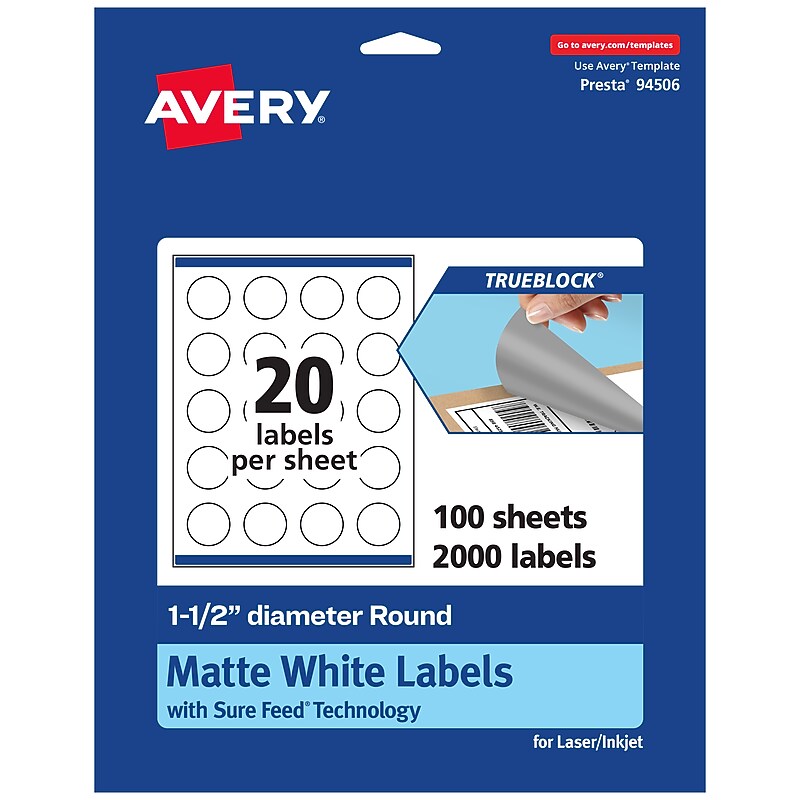 Avery Laser/Inkjet Round Multipurpose Labels, White, 20 Labels/Sheet, 100 Sheets/Pack (94506-TWMP100) image 1