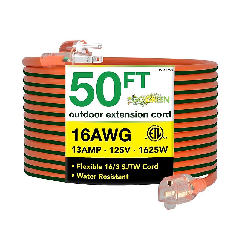 GoGreen Power 50' Indoor/Outdoor Extension Cord, 16 AWG, Orange (GG-13750) image 1