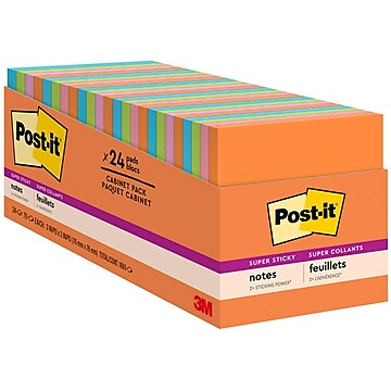 Post-it® Super Sticky Notes Cabinet Pack, 3" x 3", Energy Boost Collection, 70 Sheets/Pad, 24 Pads/Pack (654-24SSAU-CP)