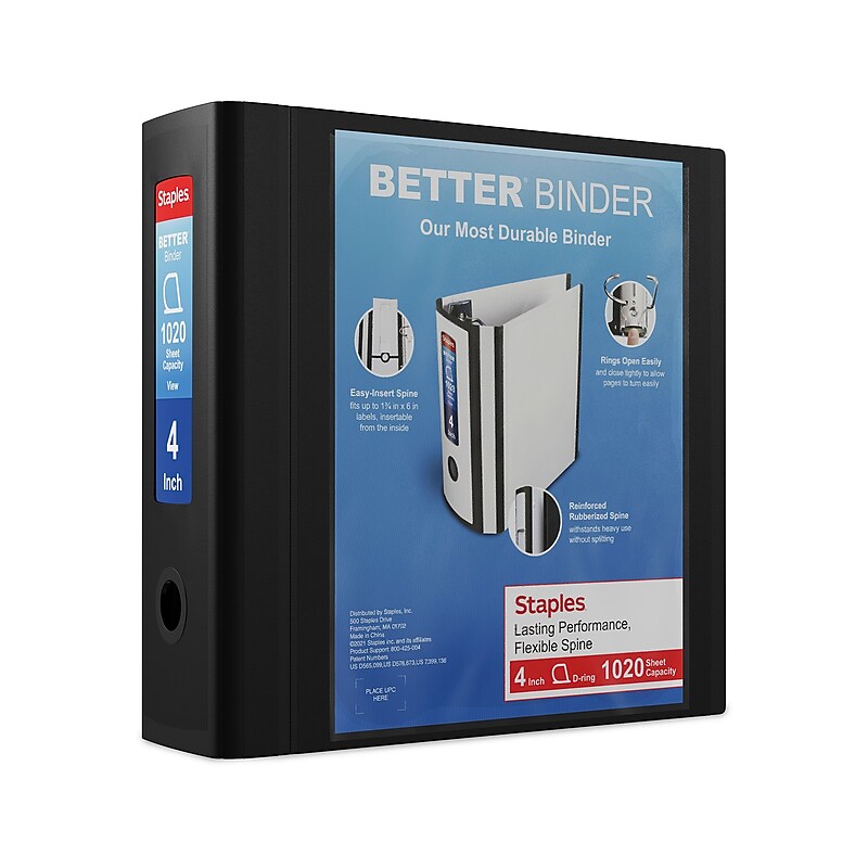 Staples 4" 3-Ring Better Binder, D-Ring, Black (44103) image 1