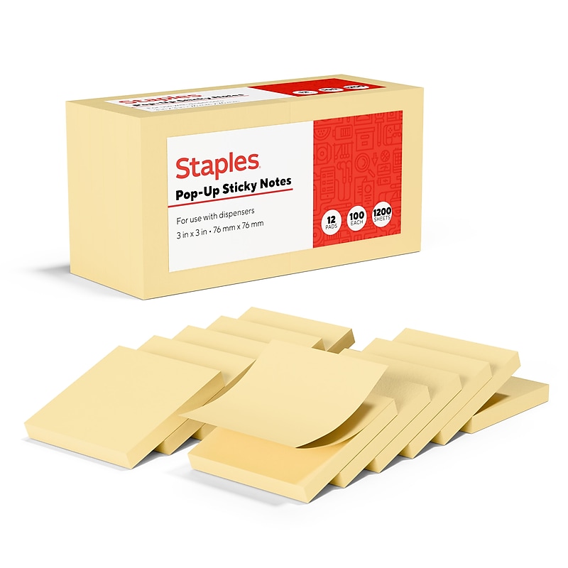 Staples Recycled Pop-up Notes, 3" x 3", Sunshine Collection, 100 Sheet/Pad, 12 Pads/Pack (S33YRP12/52563) image 1