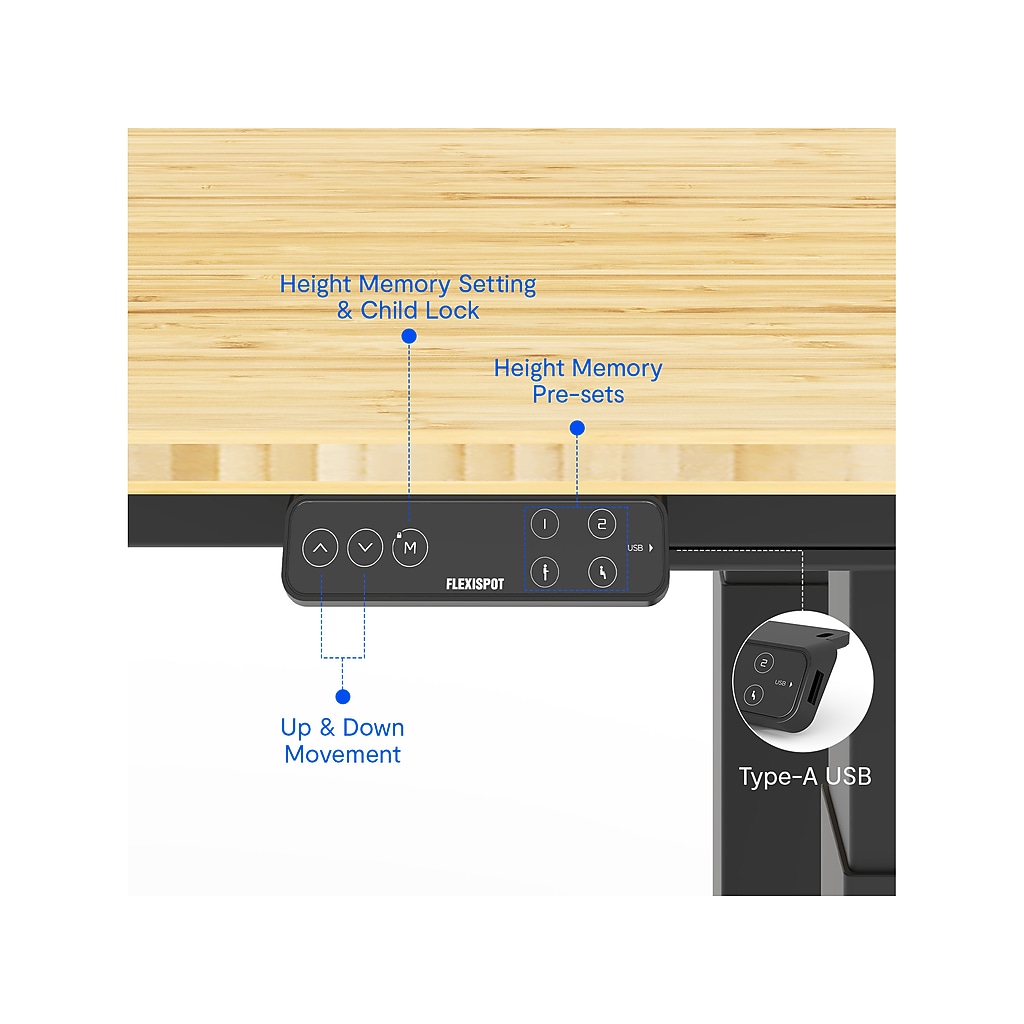 Close-up of desk control panel with memory settings and USB Type-A port