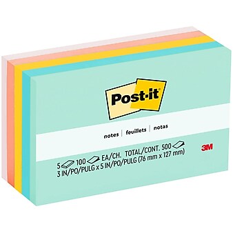 Post-it Notes, 3" x 5", Beachside Café Collection, 100 Sheet/Pad, 5 Pads/Pack (655AST)