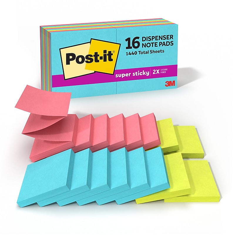 Post-it Super Sticky Dispenser Notes, 3" x 3", Neon Collection, 90 Sheets/Pad, 16 Pads/Pack (R33012SSMIA+4) image 1