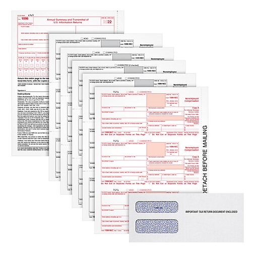 TOPS 2022 1099NEC Tax Form Kit with Envelopes, 5Part, 100/Pack