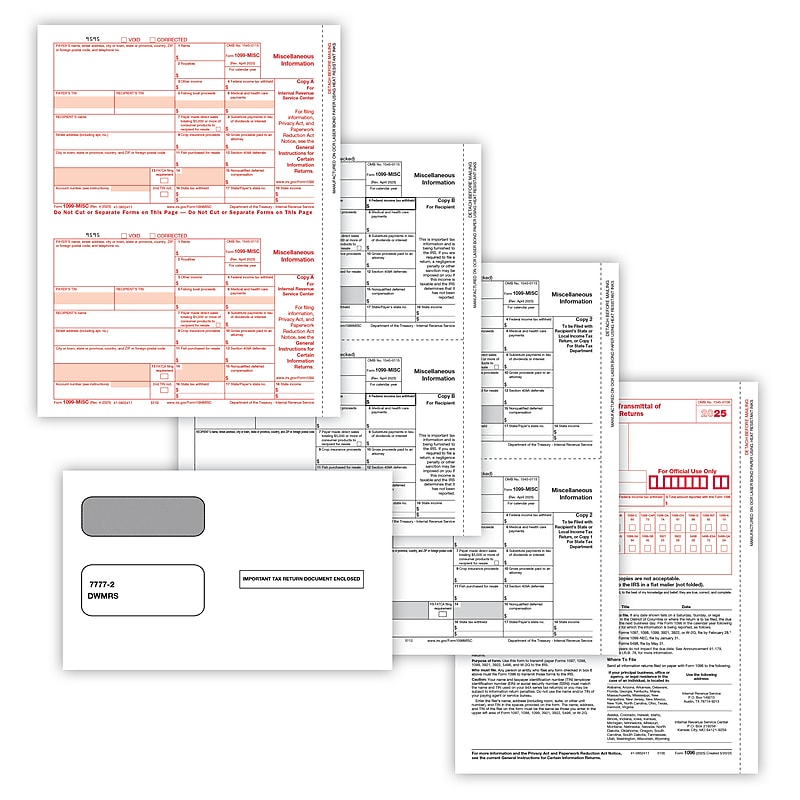 ComplyRight 2025 1099-MISC Tax Form Envelopes, 3-Part, 2-Up, Copy A, B, C/2, 1096 Transmittal, 25/Pack (6103E25) image 1