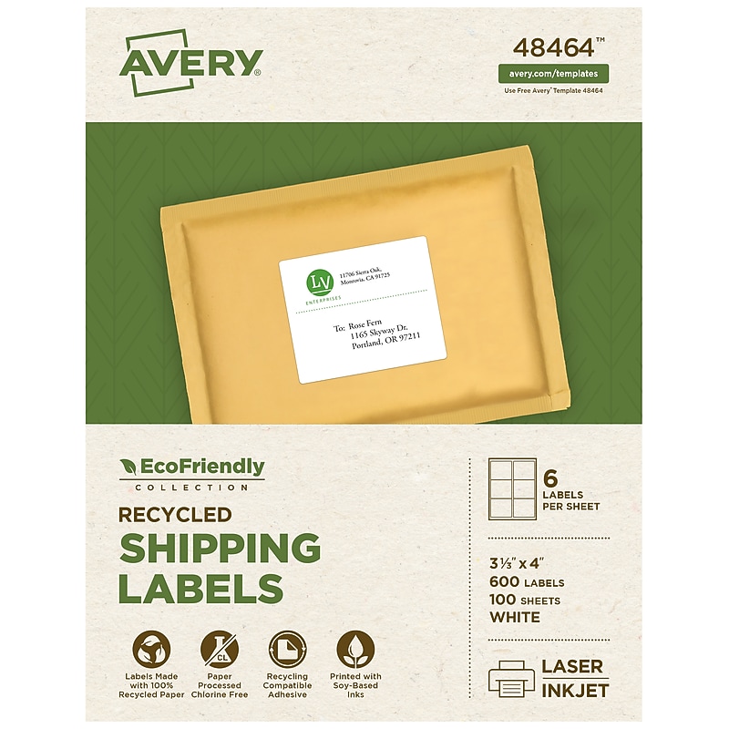 Avery EcoFriendly Laser/Inkjet Shipping Labels, 3-1/3" x 4", White, 600 Labels/Box (48464) image 1