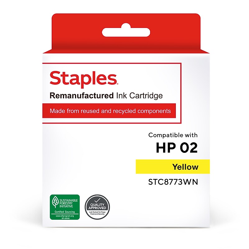 Staples Remanufactured Yellow High Yield Ink Cartridge Replacement for HP 02 (TRC8773WN/STC8773WN) image 1