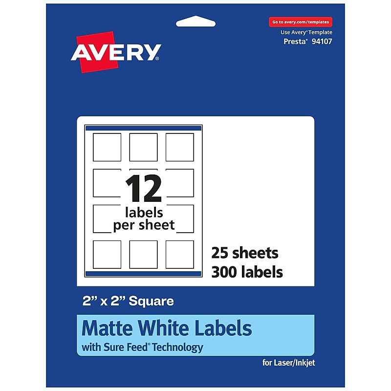 Avery Laser/Inkjet Square Multipurpose Labels, 2" x 2", Matte White, 300 Labels/Pack (94107) image 1