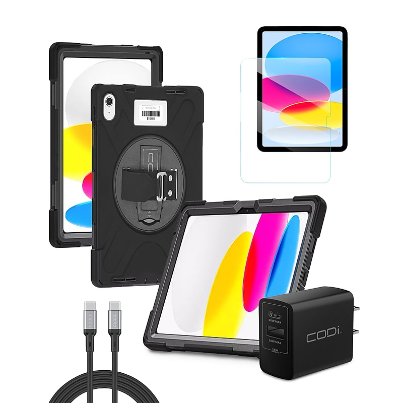 CODi Rugged iPad 11" (A16)/iPad 10.9" (10th Gen) Case, Screen Protector, 20W Dual Port Wall Charger & USB-C to USB-C Cable image 1