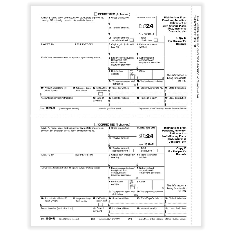 ComplyRight 2024 1099-R Tax Form, 1-Part, 2-Up, Recipient Copy C, 50/Pack (514250) image 1