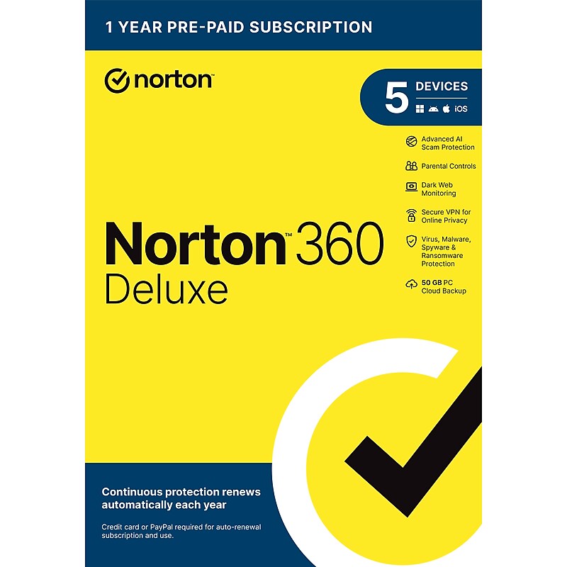 Norton 360 Deluxe Antivirus Software for 5 Devices with Auto-Renewal (21462303) image 1
