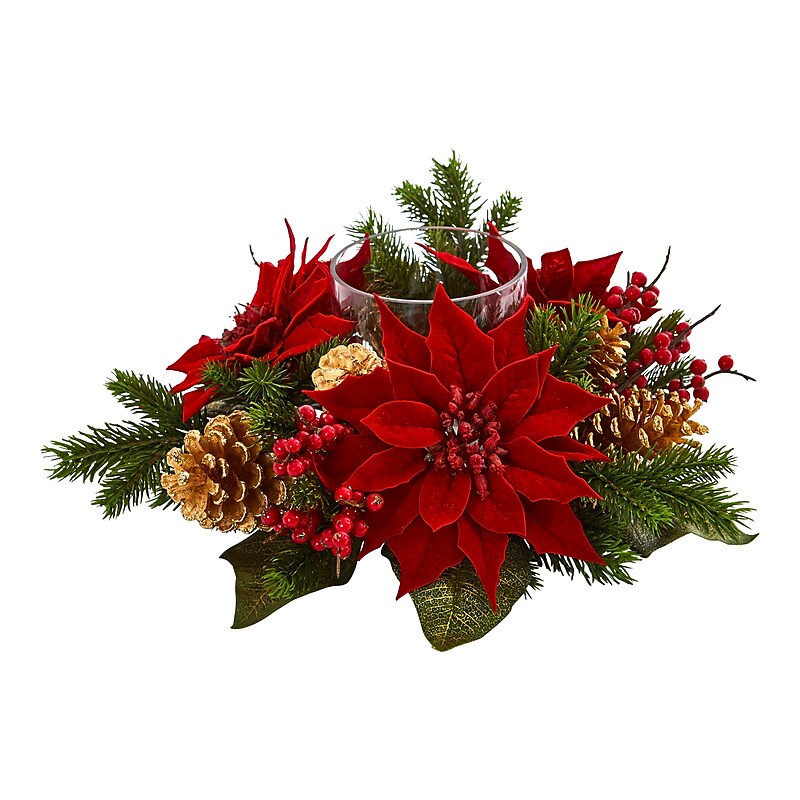 Nearly Natural Poinsettia, Berry and Golden Pinecone Candelabrum Artificial Arrangement (4270) image 1