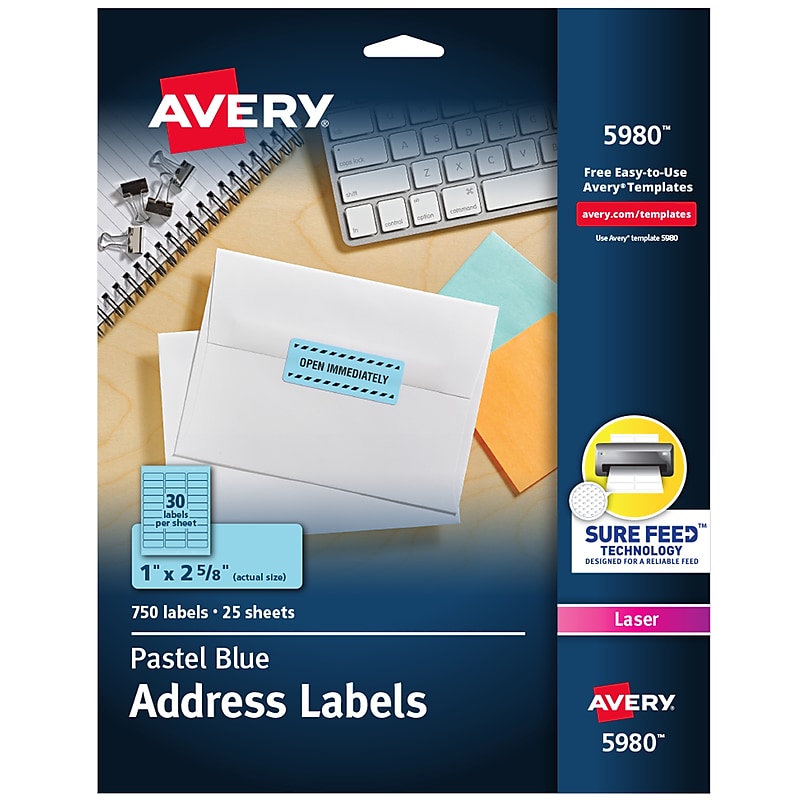 Avery Sure Feed Laser Address Labels, 1" x 2 5/8", Pastel Blue, 750 Labels/Pack (5980) image 1
