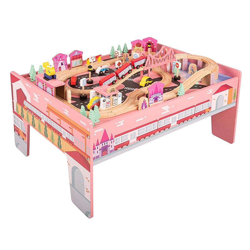 Hey! Play! Wooden Train Set & Table, Multicolored (80-HJD931120-P) image 1