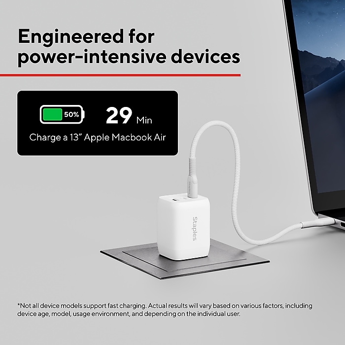 Staples TECH GaN USB-A/USB-C Wall Charger with Cable, 65W, White