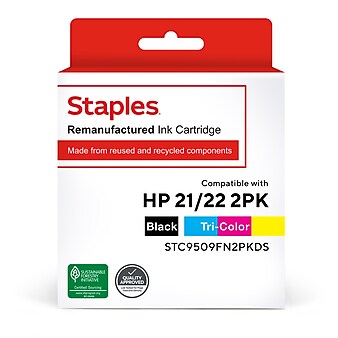Staples Remanufactured Black/Tri-Color Standard Yield Ink Cartridge Replacement for HP 21/22 (TRC9509FN2PK/STC9509FN2PK), 2/Pack