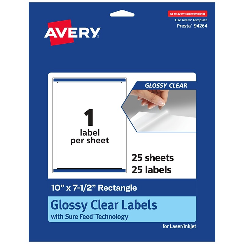 Avery Laser/Inkjet Multipurpose Labels, 7.5" x 10", Glossy Clear, 25/Pack (94264) image 1