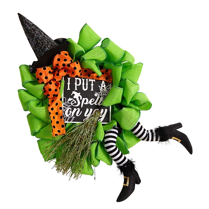 Nearly Natural Halloween Witch Broom and Hat Mesh Wreath, 26" (W1210) image 1