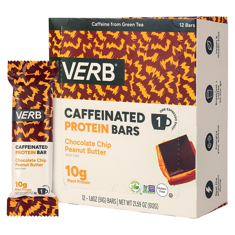 VERB Caffeinated Gluten Free Chocolate Chip Peanut Butter Protein Bar, 1.8 oz., 12/Pack (220-02522) image 1