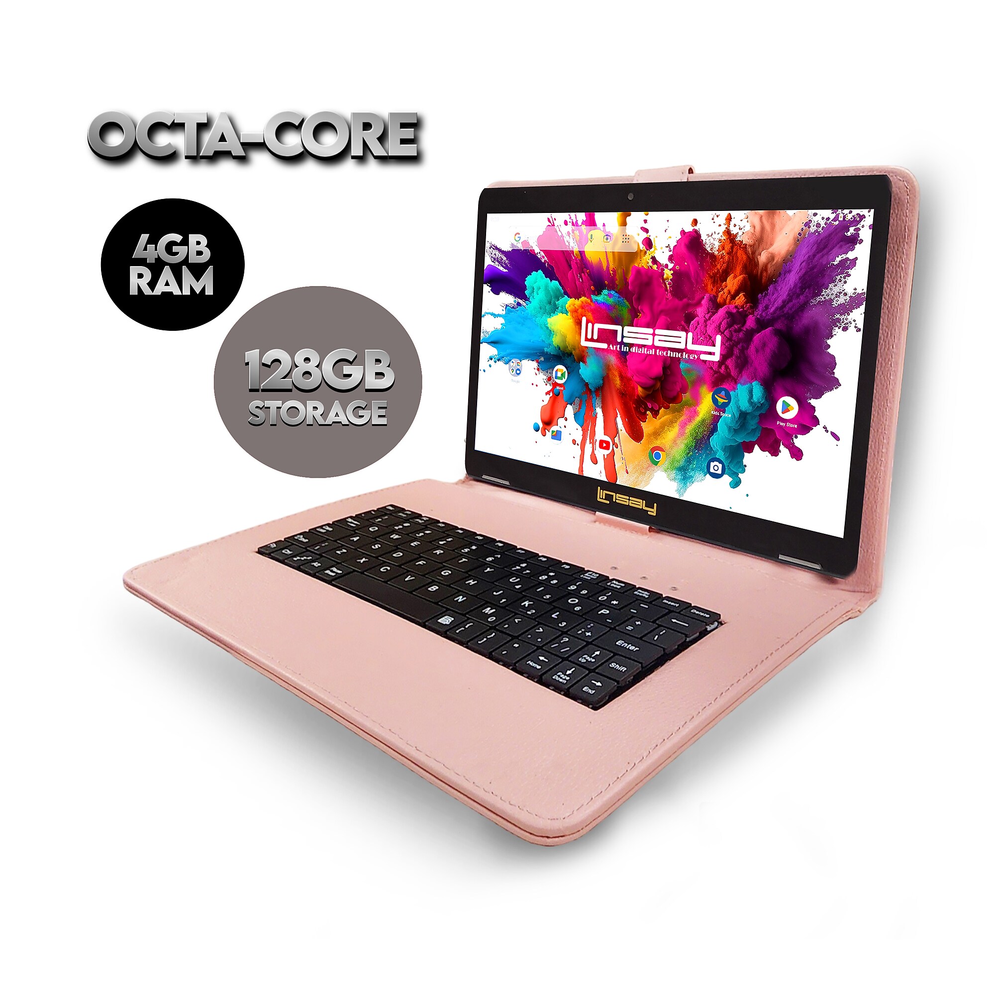 Linsay Octa Core 10.1″ Tablet, 128GB Storage, Android 15, Bundled with Pink Keyboard, Application Pack, and Stylus Pen Sansujyuku sansujyuku.com
