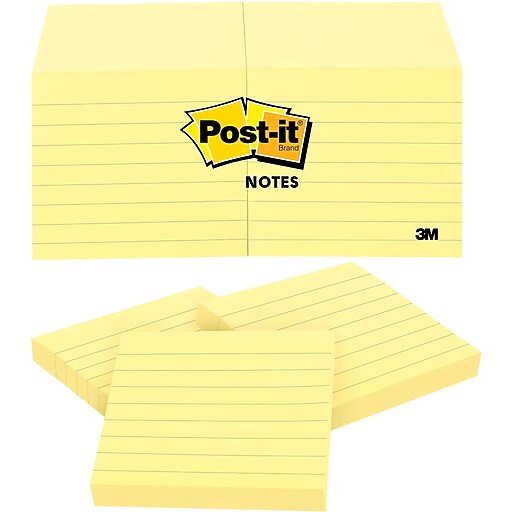 Postit Notes, 3" x 3", Canary Collection, Lined, 100 Sheet/Pad, 12