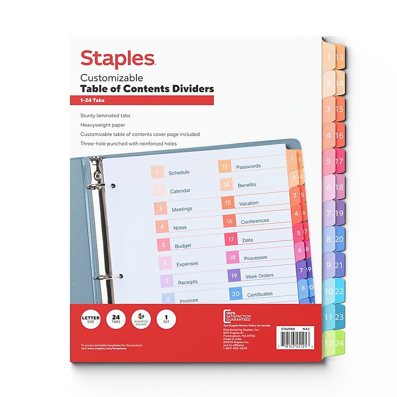 Staples Customizable Table of Contents Numeric Dividers, 24-Tabs, Multicolor (ST62988) image 1