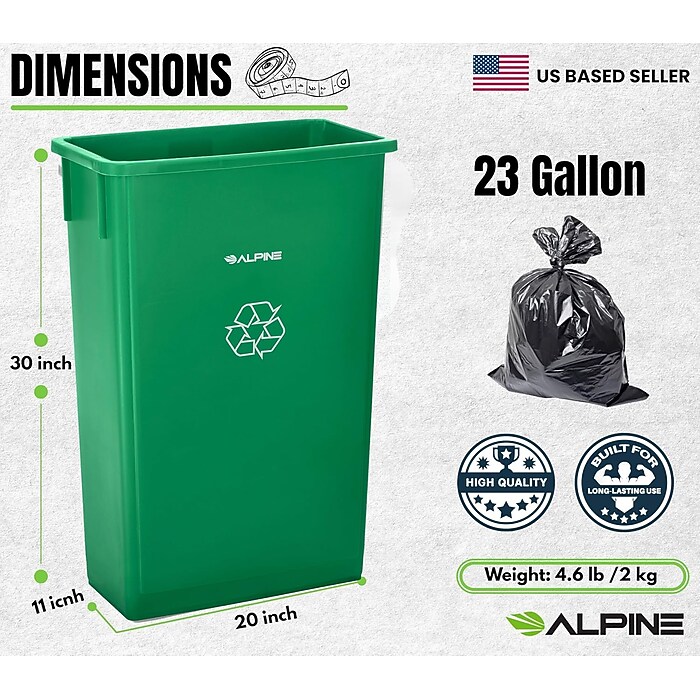 Alpine Industries Polypropylene Recycling Bin, 23 Gallon, Green, 3