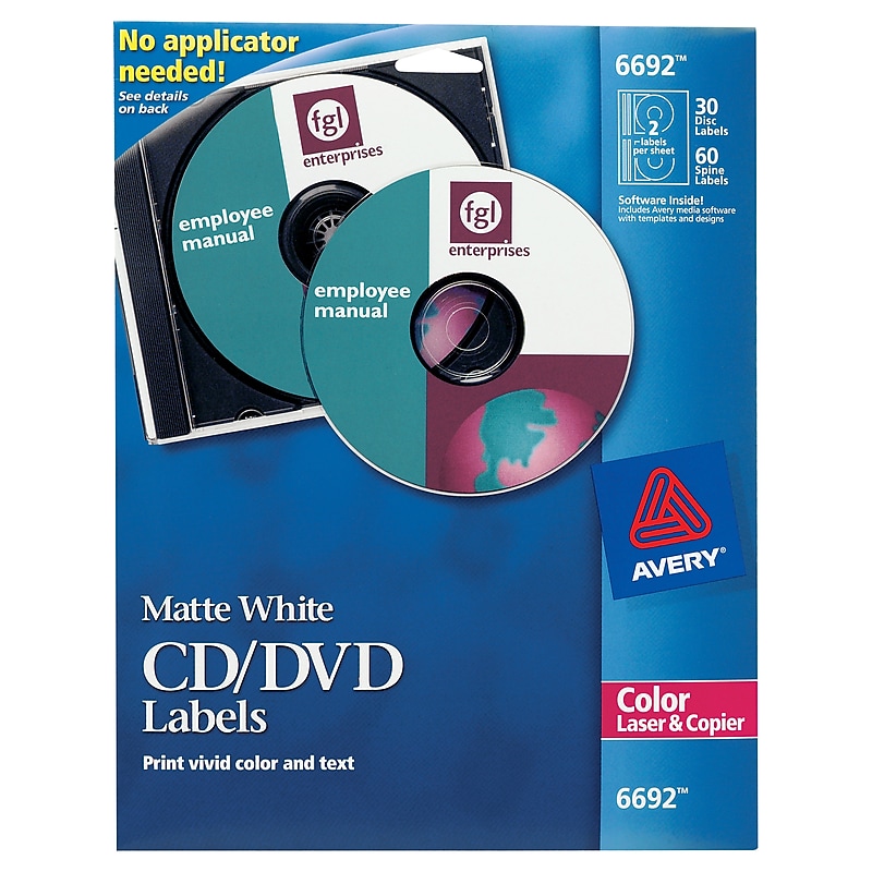 Avery Laser Media Labels, White Matte, 30 Disc and 60 Spine Labels/Pack (6692) image 1
