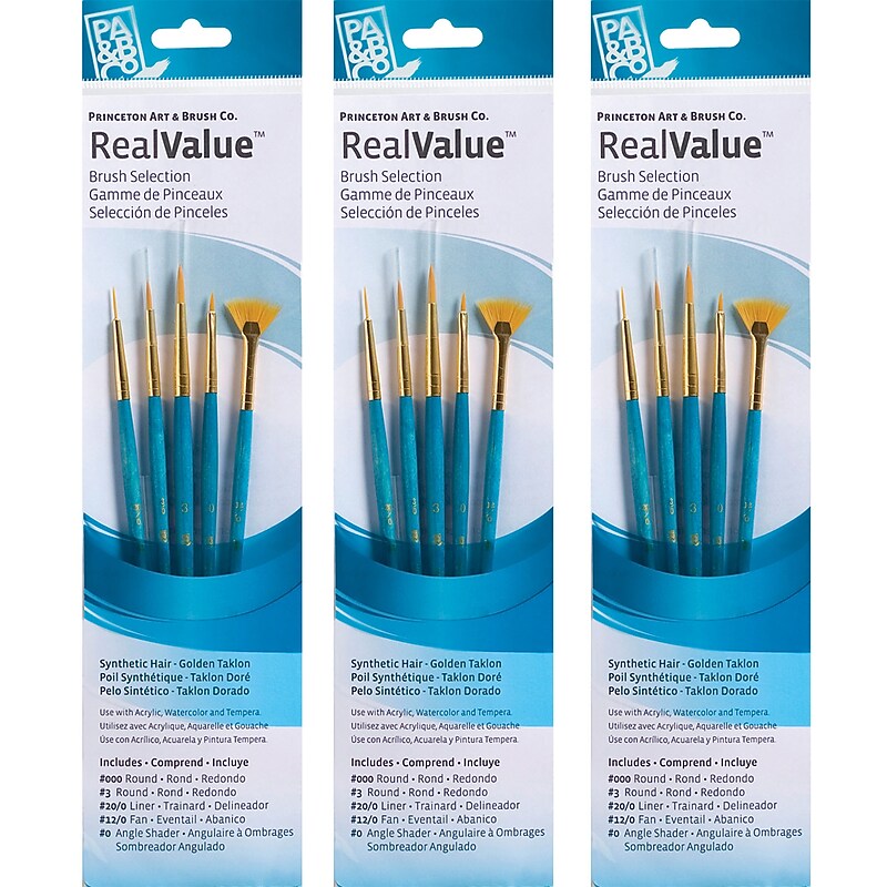 Princeton RealValue Mixed Media Synthetic Taklon Variety Brush Set, Blue, 4/Set, 3 Sets/Bundle (PBXPR9170-3) image 1
