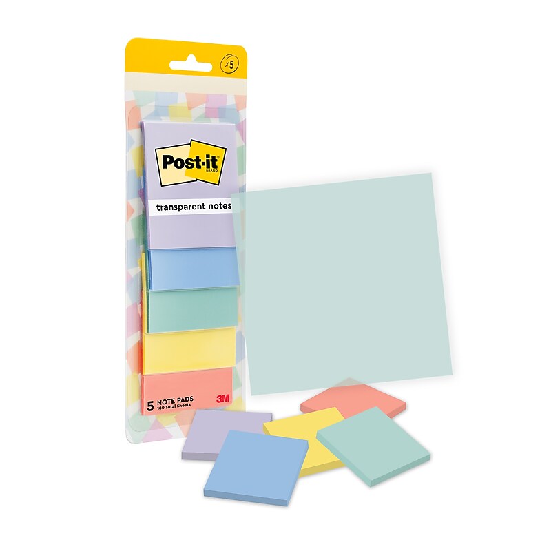Post-it Transparent Sticky Notes, 2.8" x 2.8", Assorted Colors, 36 Sheets/Pad, 5 Pads/Pack (600-5PASTEL) image 1