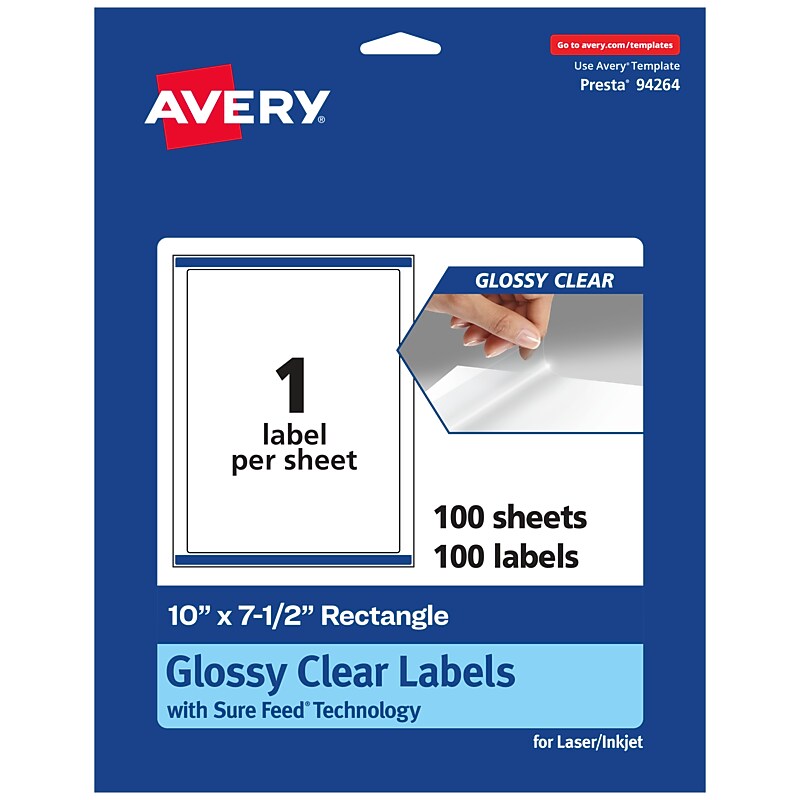 Avery Laser/Inkjet Multipurpose Labels, 7.5" x ", Glossy Clear, 100/Box (94264) image 1