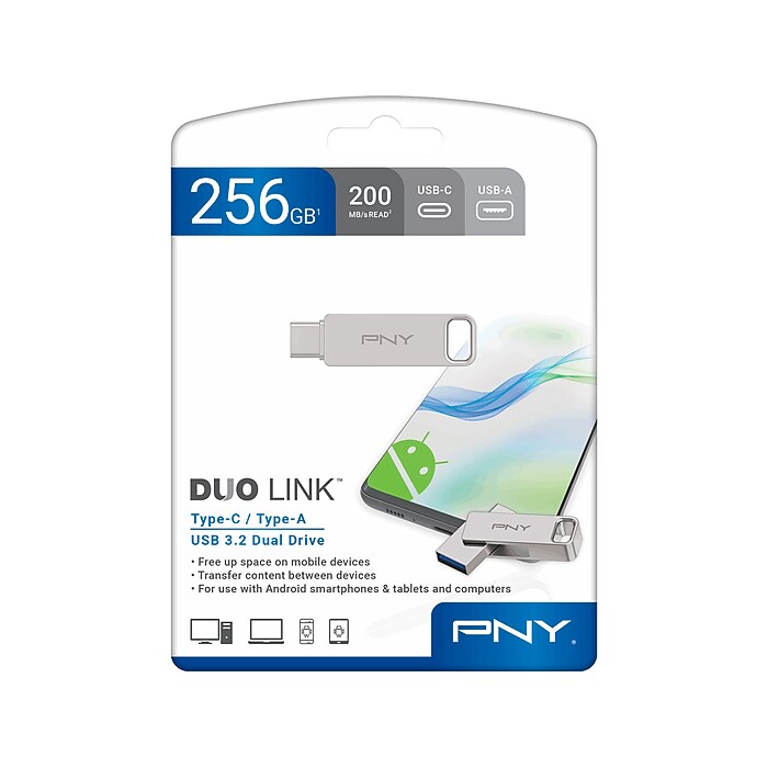 PNY DUO LINK Dual 256GB USB 3.2 Type-C Flash Drive, Silver (P