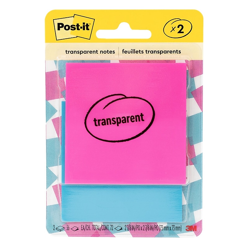 Post-it Transparent Pop-up Super Sticky Notes Combo Pack, 2" x 2", Assorted Colors, 30 Sheets/Pad, 2 Pads/Pack (600-2COL) image 1