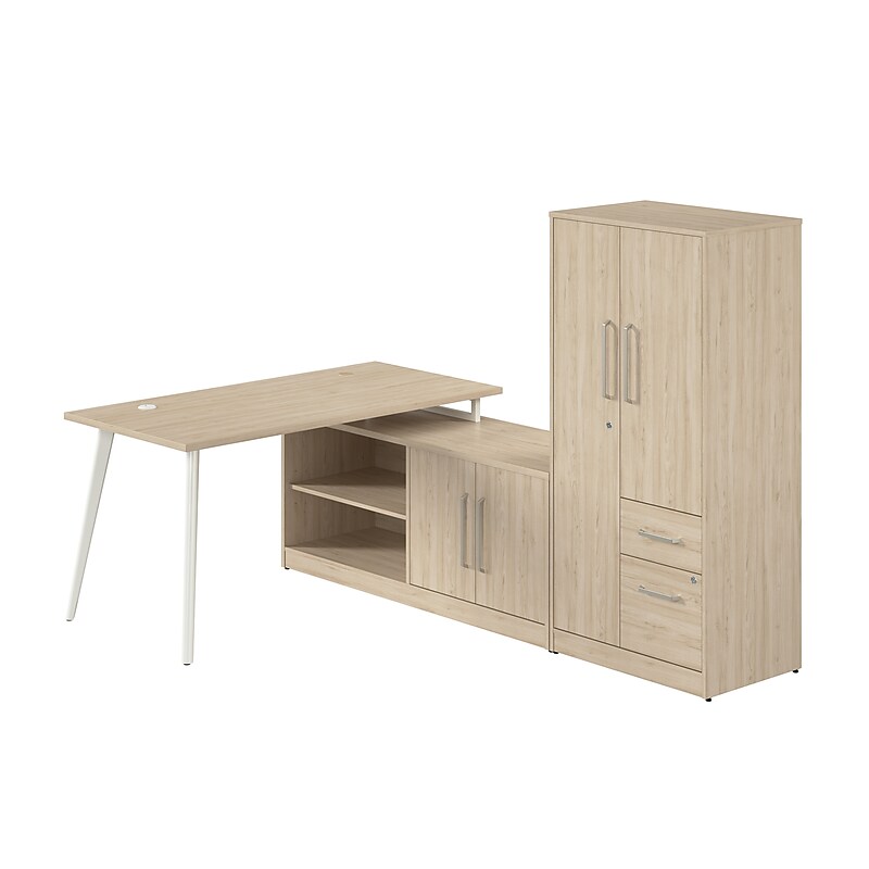 Bush Business Furniture Vista 60"W L Shaped Desk with Low Storage Cabinet and Wardrobe, Natural Elm (VST010NE) image 1