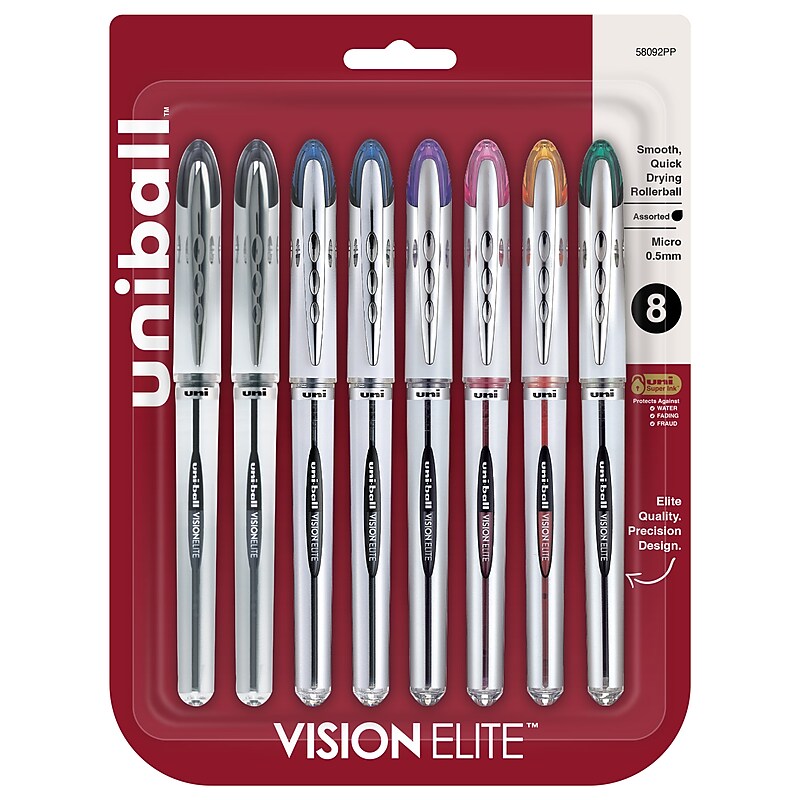 uni-ball Vision Elite Rollerball Pens, Micro Point, Assorted Colors Ink, 8 Pack (58092) image 1
