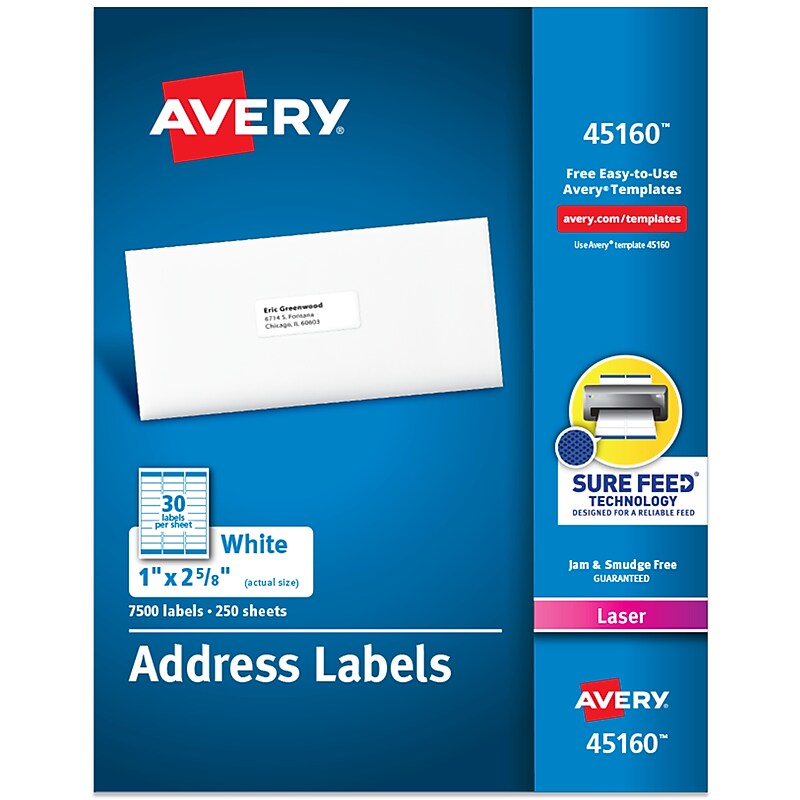 Avery Sure Feed Laser Address Labels, 1" x 2 5/8", Matte White, 30 Labels/Sheet, 250 Sheets/Box, 7500 Labels/Box (45160) image 1