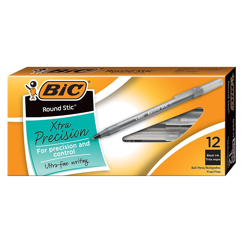 BIC Round Stic Xtra Precision Ballpoint Pens, Fine Point, 0.8mm, Black Ink, Dozen (20129/GSF11BK) image 1