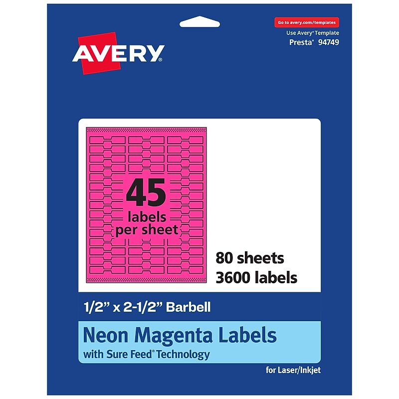 Avery Laser/Inkjet Barbell Multipurpose Labels, 0.5" x 2.5", Neon Magenta, 3600/Box (94749) image 1