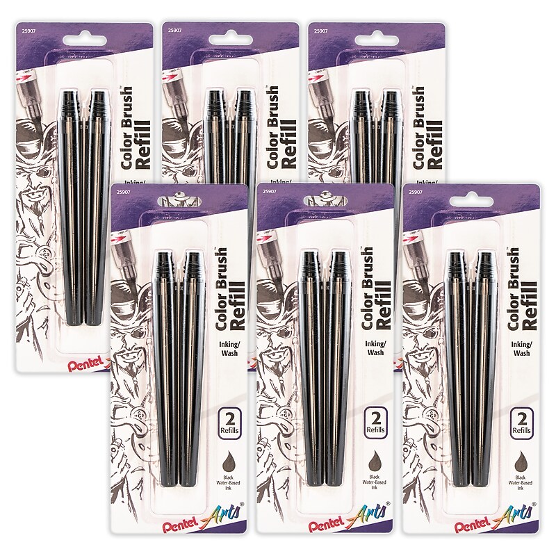 Pentel Arts Color Brush Water-Based Ink Refills, Black Ink, 2/Pack, 6 Packs/Bundle (PTAFR101BP2A-6) image 1