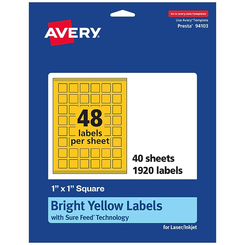 Avery Laser/Inkjet Square Multipurpose Labels, 1" x 1", Bright Yellow, 1920/Pack (94103) image 1