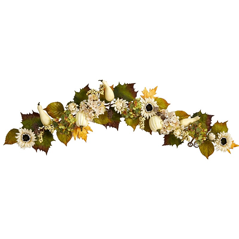 Nearly Natural 5' Fall Sunflower, Hydrangea and White Pumpkin Artificial Autumn Garland (W1242) image 1