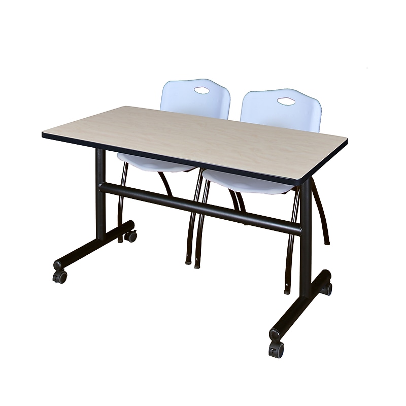 Regency Kobe 48" Flip Top Mobile Training Table- Maple & 2 'M' Stack Chairs- Grey image 1