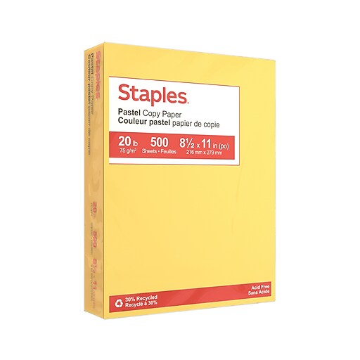 Staples Pastel 30% Recycled Color Copy Paper, 20 lbs., 8.5 x 11, Canary,  500/Ream (14787)