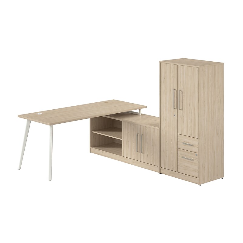 Bush Business Furniture Vista 72"W L Shaped Desk with Low Storage Cabinet and Wardrobe, Natural Elm (VST009NE) image 1